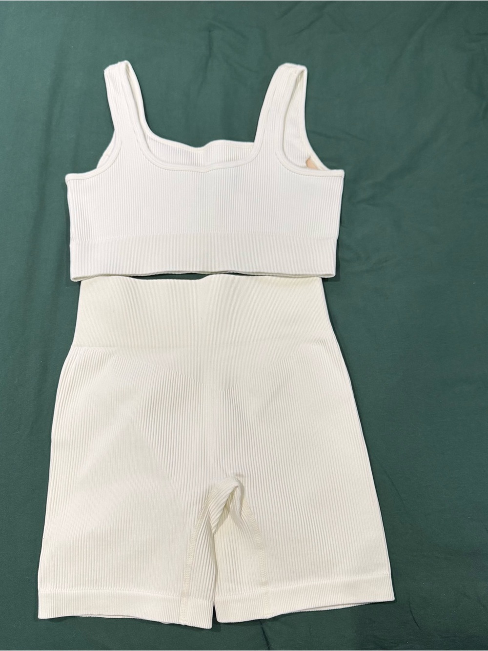 Amazon White Ribbed Sports Bra and High-Waist Biker Shorts Set - Picture 7 of 8